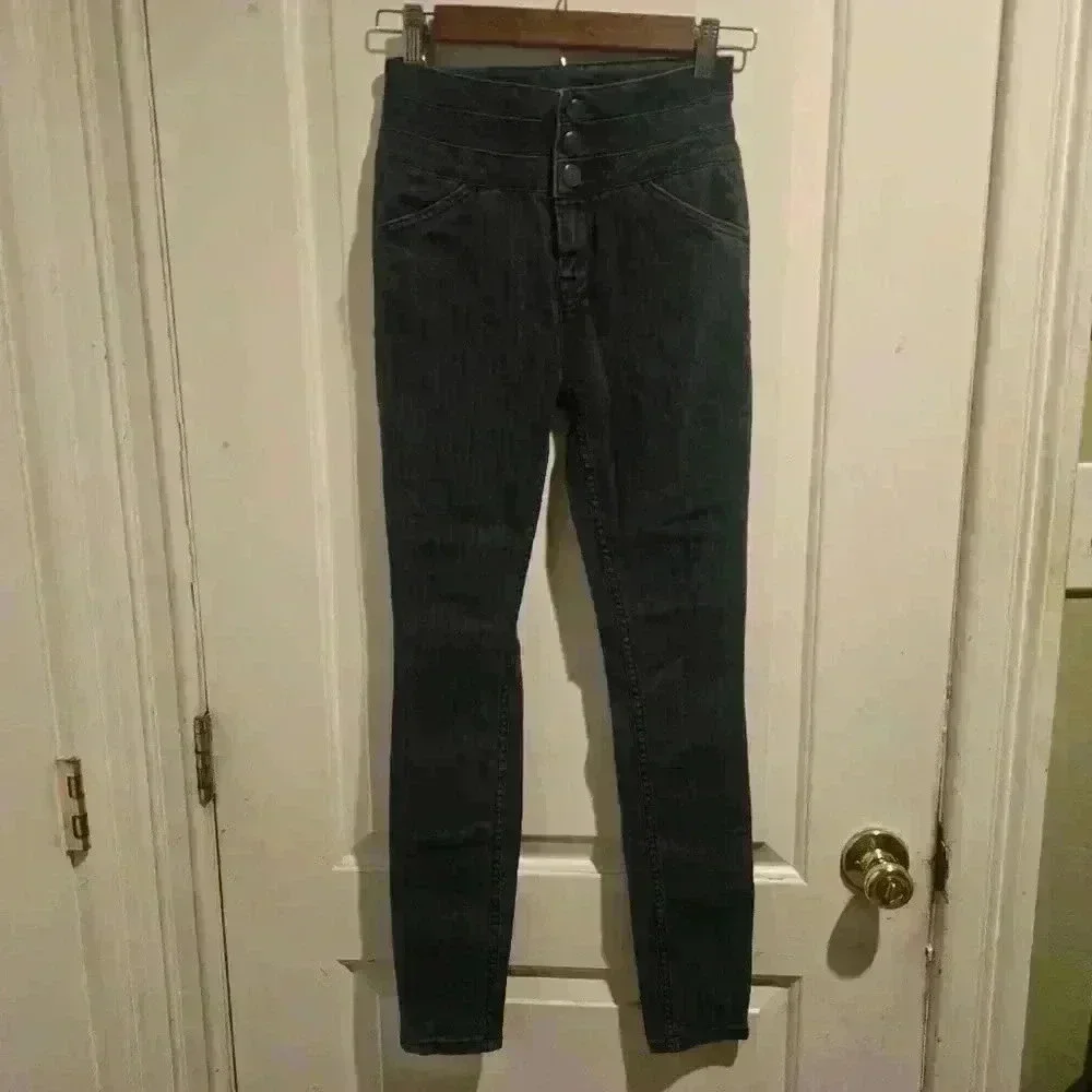P7035  dark wash denim skinny jeans size 27in highr waist - Picture 2 of 9